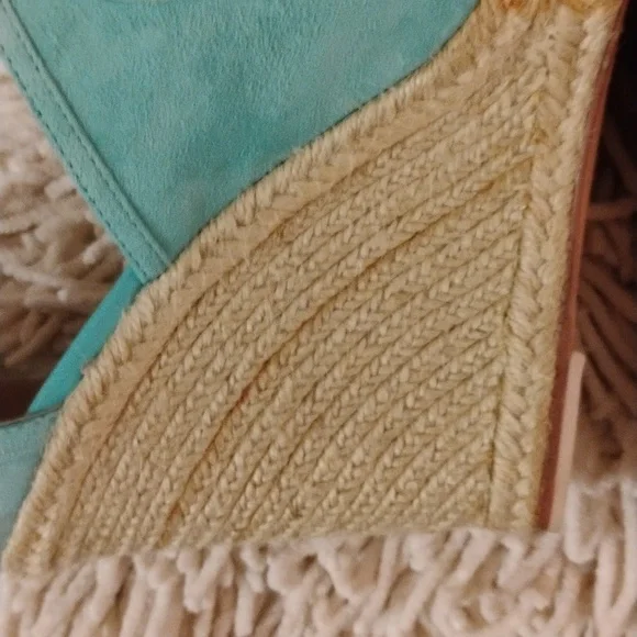 Trina Turk Turquoise Suede Leather Lace up Ankle Wrap Wedge Sandals - Picture 9 of 12